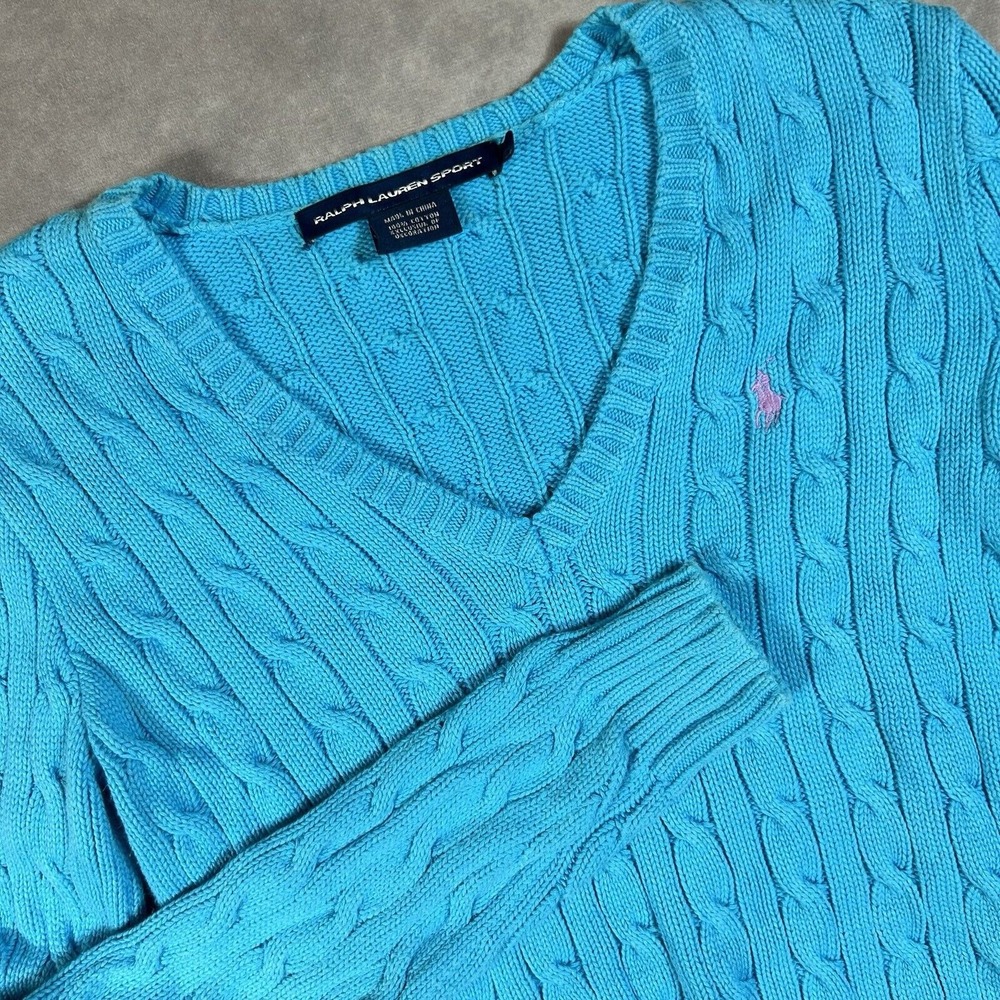 Polo Ralph Lauren  Sports Cable Knit Fisherman V-Neck Sweater Blue Womens S